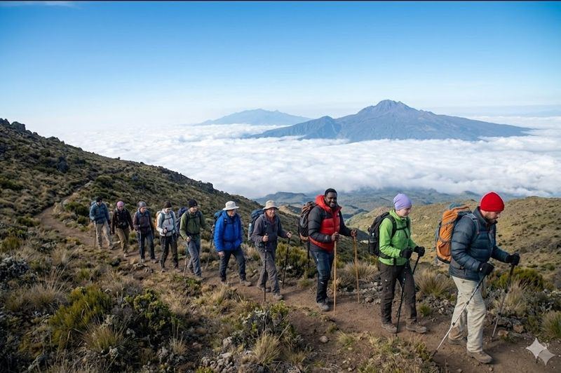 Climbers on Mount Meru trail
